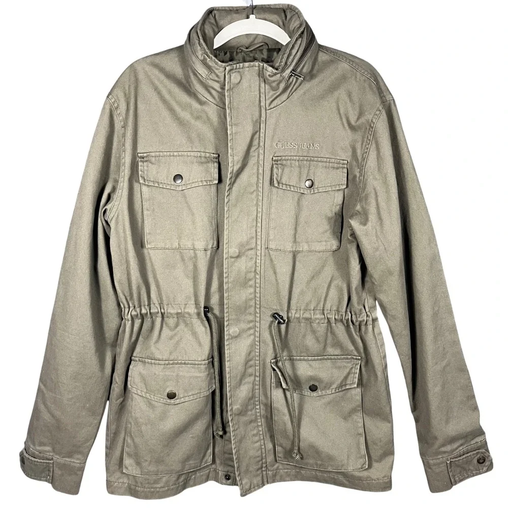Guess Field Jacket Mens Small Olive Green Military Utility Packable Hood Cotton